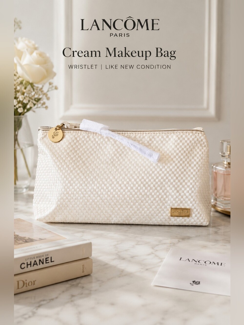 Lancome Paris Cream Makeup Bag Wristlet Like New Condition